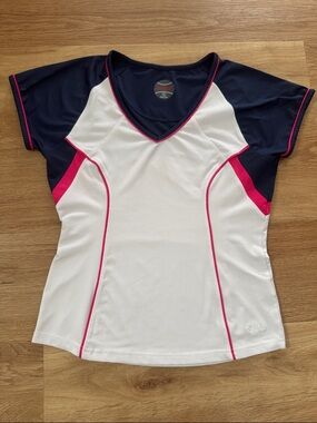 Bollé Athletic V-Neck Tee in White, Navy & Hot Pink